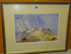 DAVID BELLAMY watercolour - view of Manorbier Castle with figures on a path, signed, 21 x 32cms