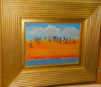 RYAN LEWIS polymer on gesso panel - figures on a beach, entitled verso 'Rare Bird', signed and dated