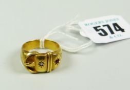 18CT YELLOW GOLD DIAMOND AND RUBY BELT BUCKLE DESIGN RING 4.4 grams