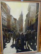 BARRYCKI (POLISH) oil on canvas - busy street scene entitled 'Pl. Florianska, Krakow', signed and