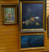 OIL ON CANVAS of still life of fruit in a bowl, 72 x 62cms together with a oil on board of a