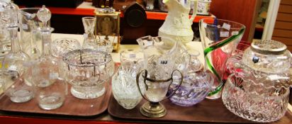 A PARCEL OF MIXED GLASSWARE including a pair of C19th etched bottle-shaped decanters with stoppers
