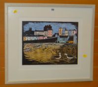 SUSAN SANDS limited edition (3/9) colour etching - entitled 'Gull Talk, Tenby Harbour', 37 x