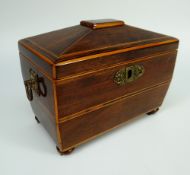 A GEORGIAN MIXED WOOD TEA-CADDY OF SARCOPHAGUS FORM and with marquetry detail to the panel top,