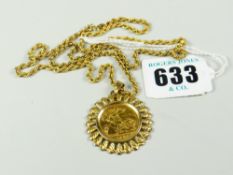 1982 GOLD HALF SOVEREIGN PENDANT ON 9 CARAT GOLD CHAIN in associated box 9.6 grams approx.