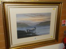 JOHNNY GASTON watercolour - fisherman and dog on calm water entitled 'Fishing with Toby in a Loch,