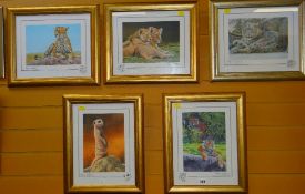 SET OF FIVE ANIMAL PRINTS limited edition coloured prints of animals, signed in pencil