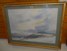 DAVID EVANS watercolour - expansive landscape with Llansteffan Castle under snow, signed, 50 x 70cms