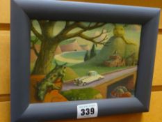 JOHN CHARLESWORTH arcylic on board - landscape with car and alien creatures entitled verso 'Winter