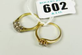 18 CARAT YELLOW GOLD THREE STONE DIAMOND RING TOGETHER WITH yellow metal diamond chip twist shank