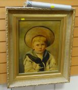 BRITISH PORTRAIT SCHOOL head and shoulders portrait of a young boy in sailor suit and straw hat -