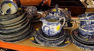 A PARCEL OF BLUE AND WHITE WILLOW TABLEWARE including Copeland Spode Italian pattern tableware