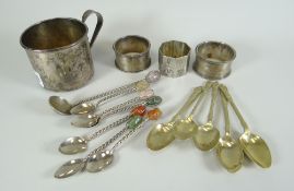 STERLING SILVER CYLINDRICAL TANKARD TOGETHER WITH napkin rings and stone-set spoons