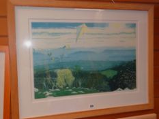 A CHOUDLURI (sp?) coloured etching - landscape with kite afloat, entitled 'Walking the Dog', signed,