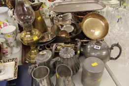 LARGE PARCEL OF MIXED METALWARE including pewter, oil lamp, copper vase ETC