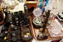 A PARCEL OF PEWTER ITEMS including rack of reproduction spoons and a parcel of cut glass ETC
