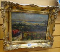 BRITISH SCHOOL oil on board - coastal scene with distant boats inscribed on label verso '..part of