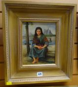 JOHNNY GASTON oil on board - female figure seated with violin beside the Seine river in Paris,