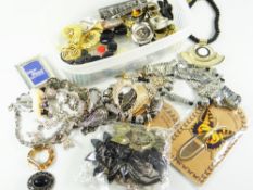 COSTUME JEWELLERY, A SMALL TUB CONTAINING earrings, necklaces, bar brooches, butterfly bookmarks ETC