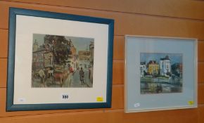 INDISTINCTLY SIGNED watercolours, a pair - town scenes with figures 19 x 22cms and 17 x 21cms (