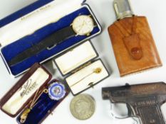 SMALL PARCEL OF COLLECTABLES to include leather cased hip flask, Brownie Oles Mains toy pistol,
