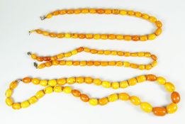 THREE STRINGS OF GRADUATED BUTTERSCOTCH AMBER BEADS, 111g approx.