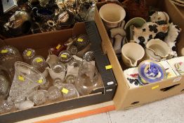 A BOX OF GLASSWARE AND A BOX OF CHINA including Staffordshire dogs