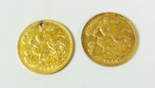 1902 GOLD HALF SOVEREIGN (DRILLED) with 1905 gold half sovereign 8 grams approxmately overall