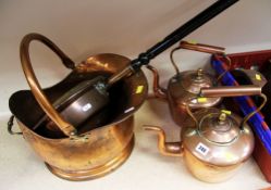 TWO COPPER KETTLES, COPPER COAL SCUTTLE and a bedwarming pan