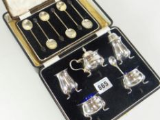 CASE SET OF SIX SILVER COFFEE BEAN SPOONS TOGETHER WITH case set of silver condiment set (two)