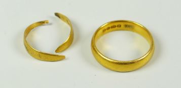 22 CARAT YELLOW GOLD WEDDING BAND together with another (as found) 7.7 grams overall (2)