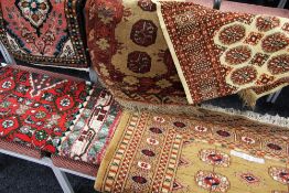 FIVE SUNDRY PERSIAN PRAYER MATS including a good medallion design brown ground carpet 169 x 95cms