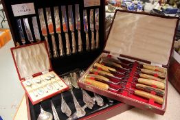 ASSORTED CUTLERY GROUP including cased set of six Continental Guilloche enamel and silver teaspoons,