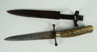 A HUNTING KNIFE having a horn handle, steel blade impressed 'AKAH' complete with leather scabbard