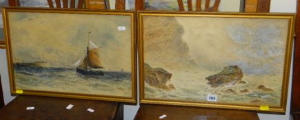 J FAULKNER watercolours, a pair - coastal-scenes, one with sail-boat, signed, 29 x 44cms