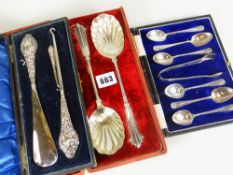 CASED SILVER HANDLED SHOEHORN BUTTON-HOOK together with EP serving spoons and plated teaspoons and
