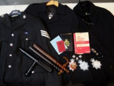A PARCEL OF MID-CENTURY SOUTH WALES CONSTABULARY ITEMS including two truncheons, badges, South Wales