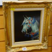 JOHNNY GASTON oil on board - fine study of a grey horse in colourful bridle, signed with initials