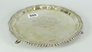 SMALL SILVER ENGRAVED SALVER raised on three hoof-type feet, presentation for silver wedding 273