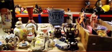A PARCEL OF MIXED POTTERY mainly Oriental and including seated Buddha, chimney shaped umbrella stand