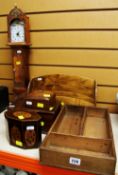 A PARCEL OF WOODEN ITEMS INCLUDING marquetry tea caddy, stationery-rack and miniature long case