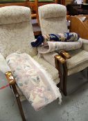 PAIR OF FLORAL PATTERNED MODERN ARMCHAIRS & THREE CHINESE WASHED RUGS