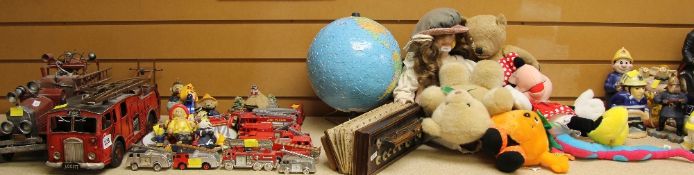 ASSORTED ITEMS including quantity of fire-fighter collectables, globe, a doll, soft toys ETC