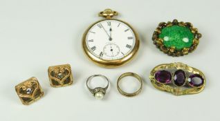 SMALL PARCEL OF JEWELLERY to include Elgin gold plated pocket watch, bar brooches, clip earrings and