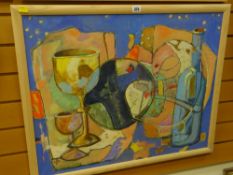 BEATE SHALLCROSS oil on canvas - semi-abstract still life of goblet and bottle, signed with