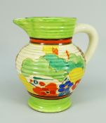 A CLARICE CLIFF POTTERY JUG in the Bizarre range 'Fantasque' pattern and being of ribbed form