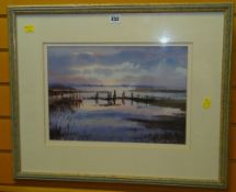 ANDREW KING watercolour - entitled verso 'Flooded Saltmarshes, Evening Light, Salthouse', signed and