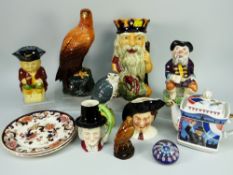 PARCEL OF ORNAMENTAL CERAMICS including Royal Doulton 'Bird of Prey' whisky flasks, character