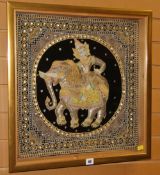 A KASHMIR SCHOOL NEEDLEWORK AND SEQUIN PANEL depicting a prince on an elephant, framed 59 x 58cms (