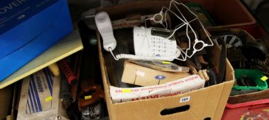 A BOX OF MIXED ITEMS including clock parts ETC